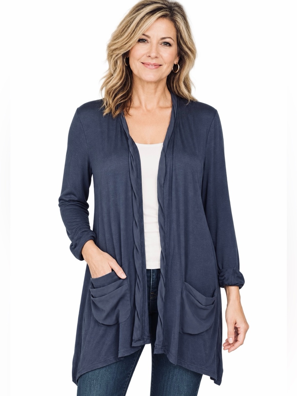 LOGO LORI GOLDSTEIN Blue Open-Front Long Sleeve Draped Cardigan Pockets Medium